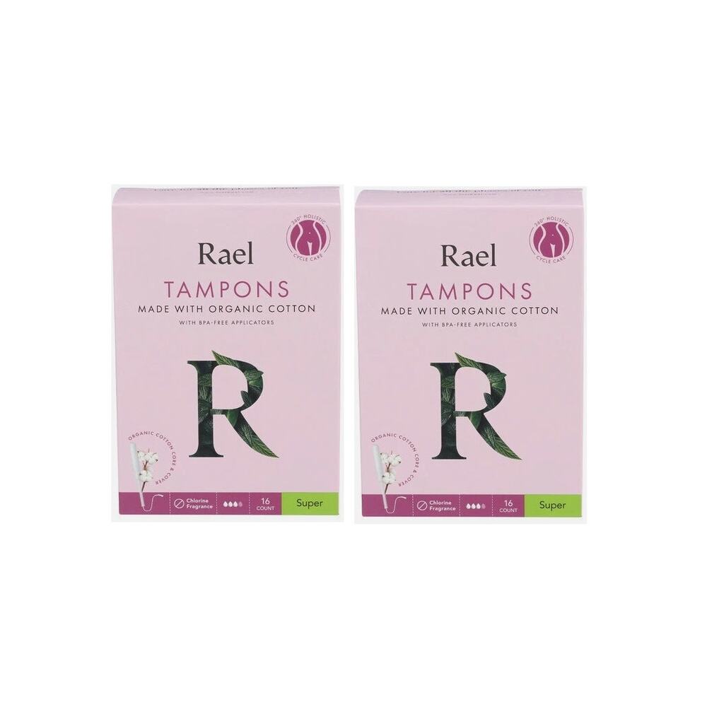 2 Pack Rael Tampons SUPER Absorbency Organic Cotton BPA-Free Applicator 16 ea